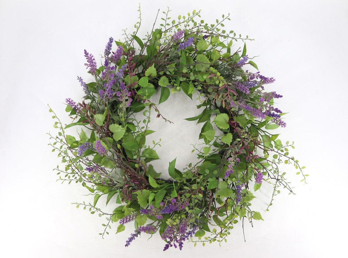 PA10455 MIXED LAVENDER/BUTTON LVS WREATH 30"