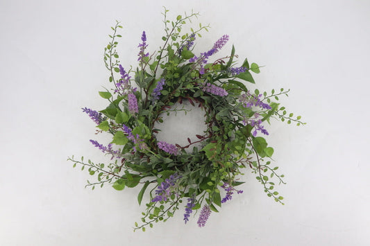 PA10454 MIXED LAVENDER/BUTTON LVS WREATH 18"