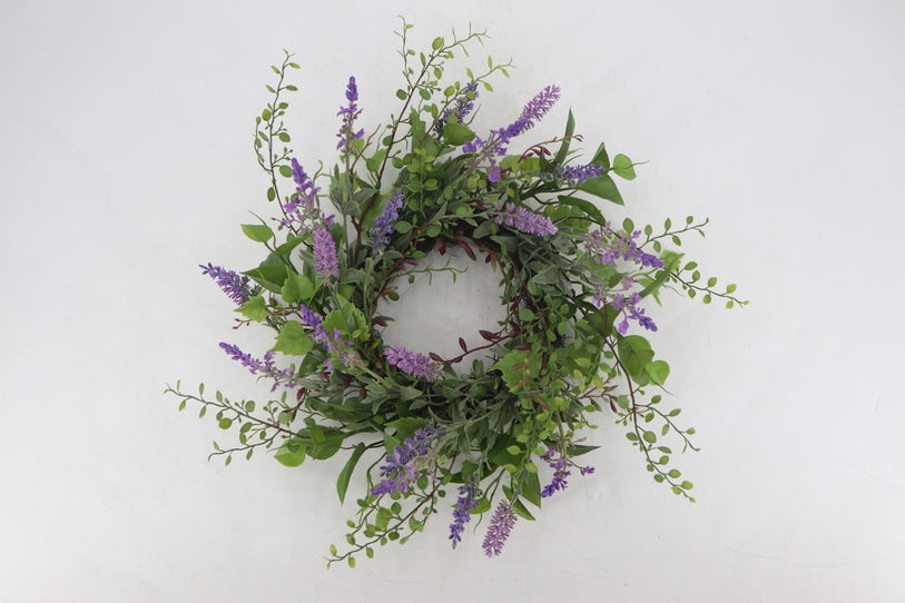 PA10454 MIXED LAVENDER/BUTTON LVS WREATH 18"