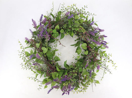 PA10455 MIXED LAVENDER/BUTTON LVS WREATH 30"