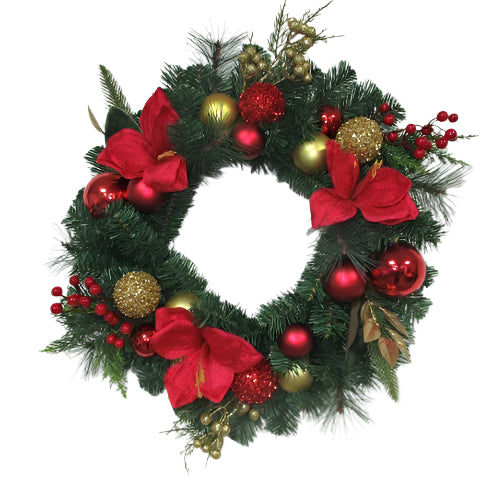 XM14063 MIXED PINE/ORNAMENT/AMARYLLIS WREATH 24"