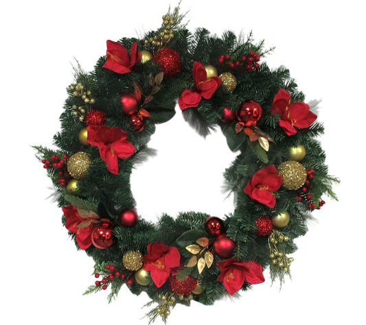 XM14065 MIXED PINE/ORNAMENT/AMARYLLIS WREATH 36"