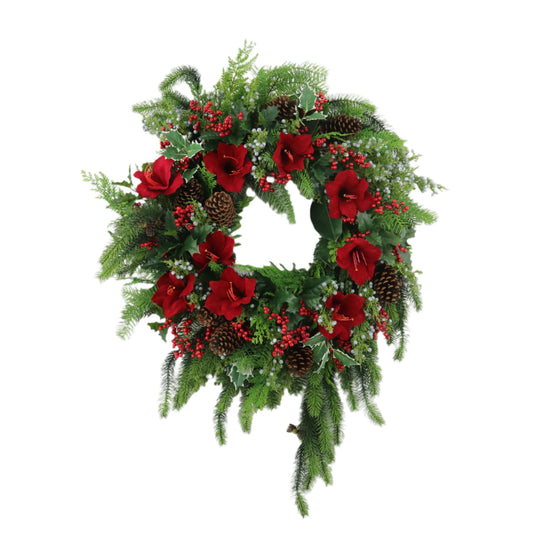 XM14181 MIXED PINE/AMARYLLIS/HOLLY WREATH 30"