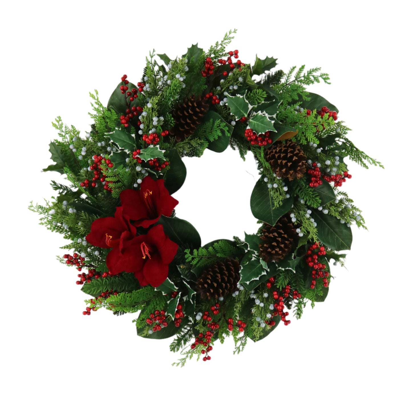 XM14182 MIXED PINE/AMARYLLIS/HOLLY WREATH 26"