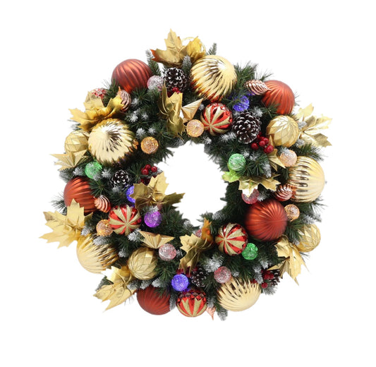 XM14226 MIXED XMAS WREATH w/ORNx160T,20 LED,24"