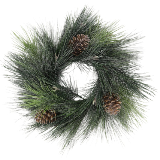 XM14328 FROSTED NEEDLE PINE/PINECONE WREATH 18"