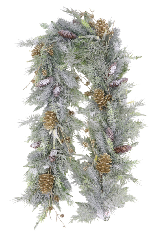 XM14333 SNOWY MIXED PINE/GLT PINECONE GARLAND 6'