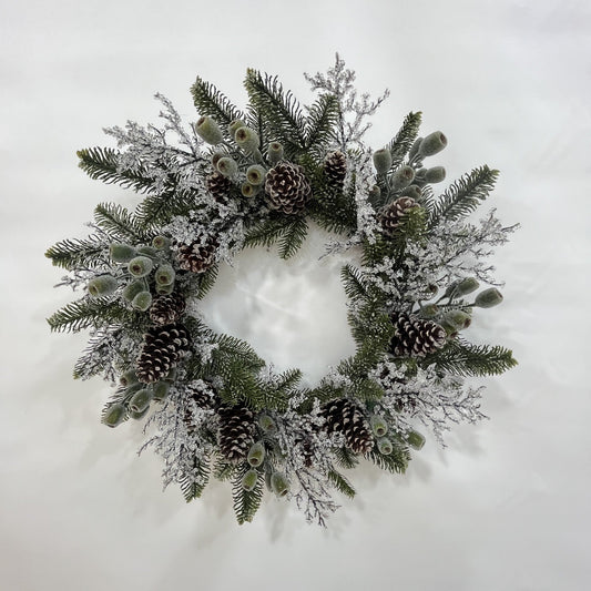 XM14722 MIXED PINE/ICE TWIG/PINECONE WREATH,24"