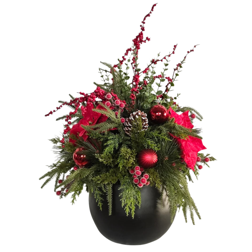 XM30108 POTTED MIXED PINE/RD BERRY/POINSETTIA/ORN 28"