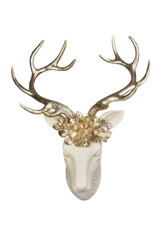 XR13134 RESIN REINDEER HEAD w/MAGNOLIA ON WALL 23"