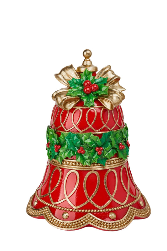 XR13149 RESIN JINGLE BELL w/HOLLY/RIBBON 16"