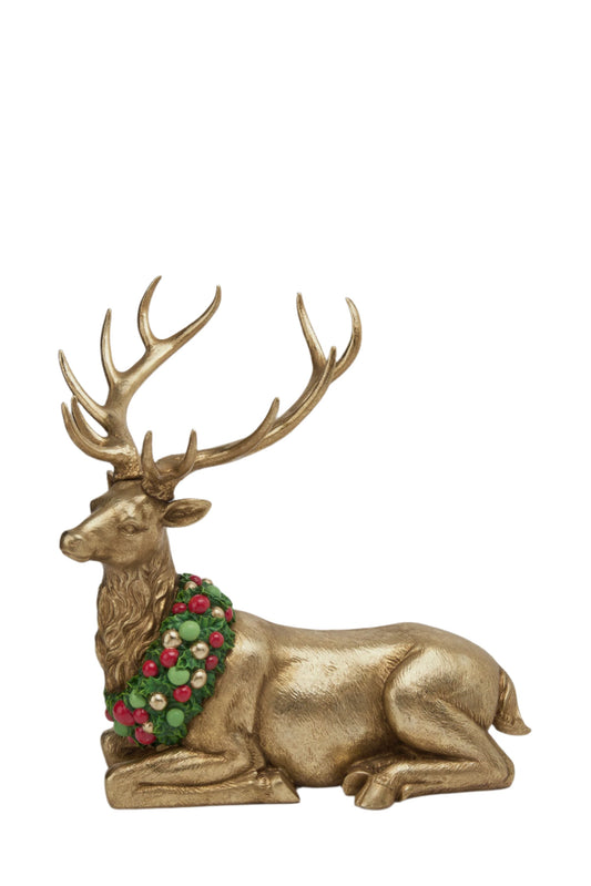 XR13257 RESIN SITTING REINDEER w/ORN/HOLLY 17"