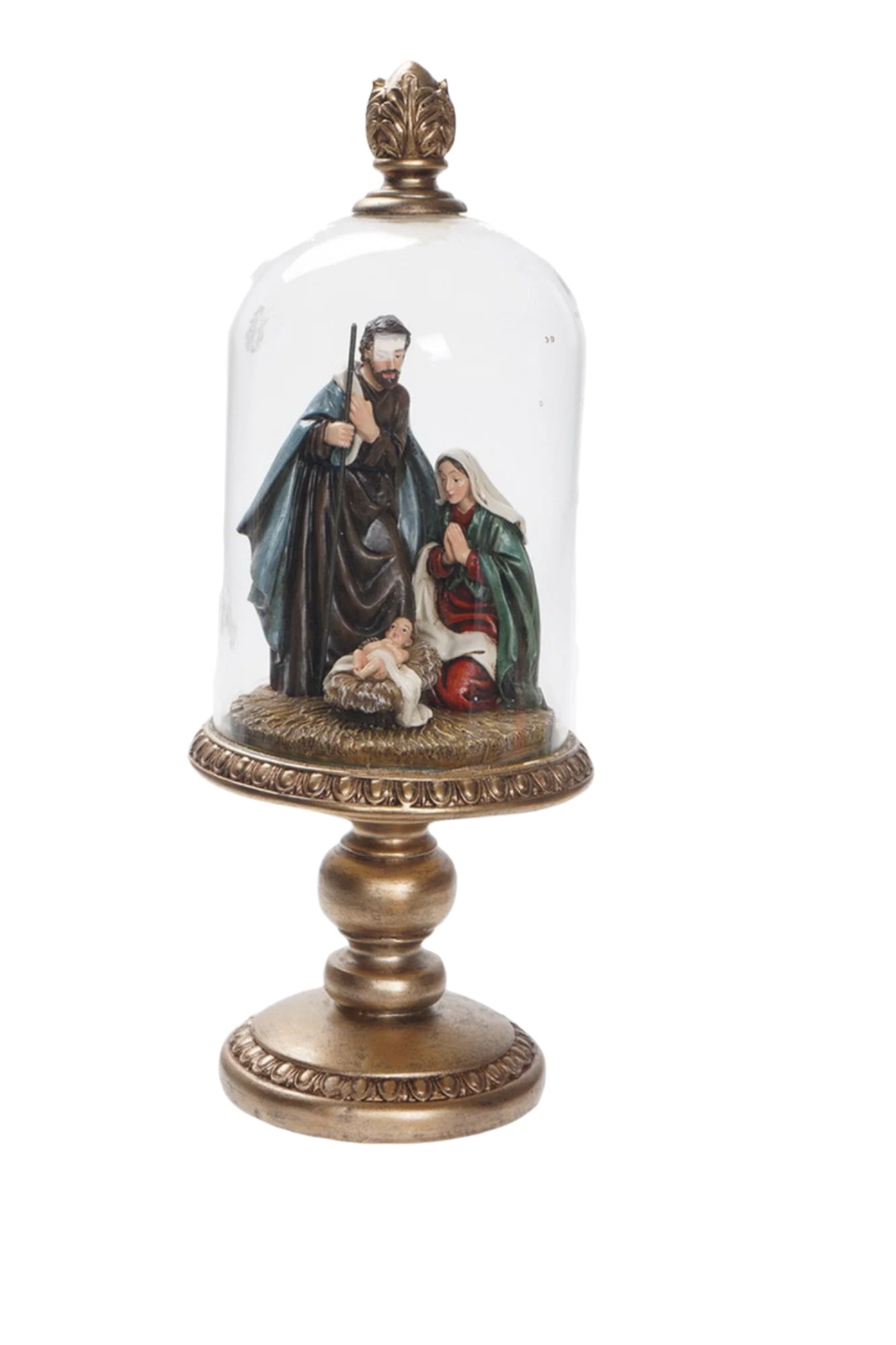 XR13304 RESIN NATIVITY IN GLASS DOME ON PEDESTAL 14"