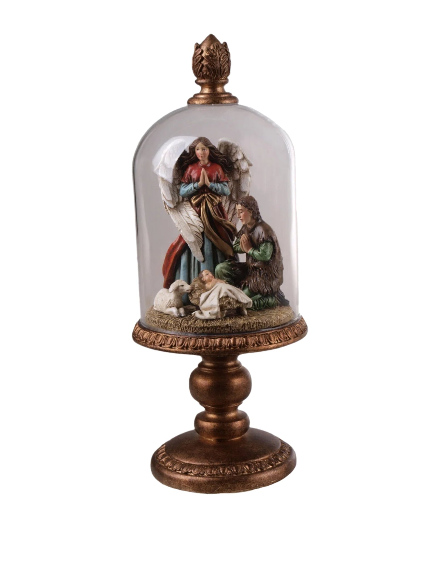 XR13305 RESIN NATIVITY IN GLASS DOME ON PEDESTAL 14"